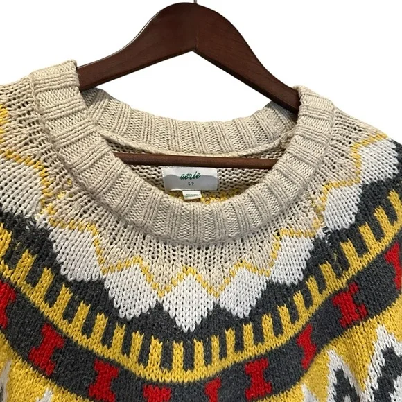 (Sold)Aerie Festive Feels Crewneck Sweater Soft Oversized Fair Isle Gray Small - Picture 2 of 10